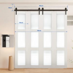 Bi Folding Sliding Barn Door Hardware Kit for 4 Doors, Smoothly Quietly, Black Track J Shape Roller