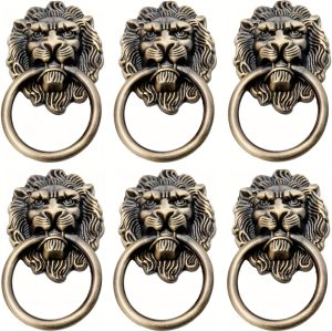 6 Pack Antique Lion Head Ring Pull Handles with Installation Hardware, Metal Zinc Alloy Drawer Cabinet Knobs for Dresser, Wardrobe, Jewelry Box - Vintage Style Bronze Finish Drawer Pulls