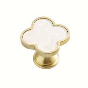 6pcs, Drawer Knobs, Cabinet Knobs Pull Handles, Clover Brushed Brass Kitchen Cabinet Handles, Cupboard Bathroom Door Knobs, Dresser Hardware For Drawers, White