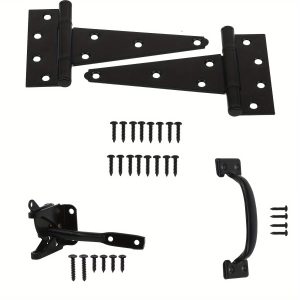 Wood Gate Hardware Set- 6" Gate Tee Hinge Heavy Duty, Self-Closing Gate Latch And Pull Set, Black Gate Hardware Kit